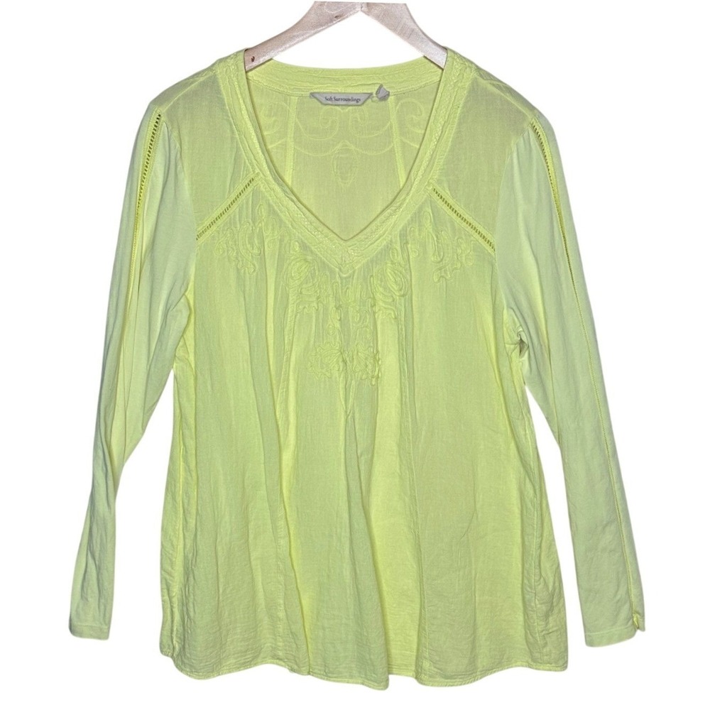Soft Surroundings Azulle Boho Chartreuse Long Sleeve Blouse size Large Green